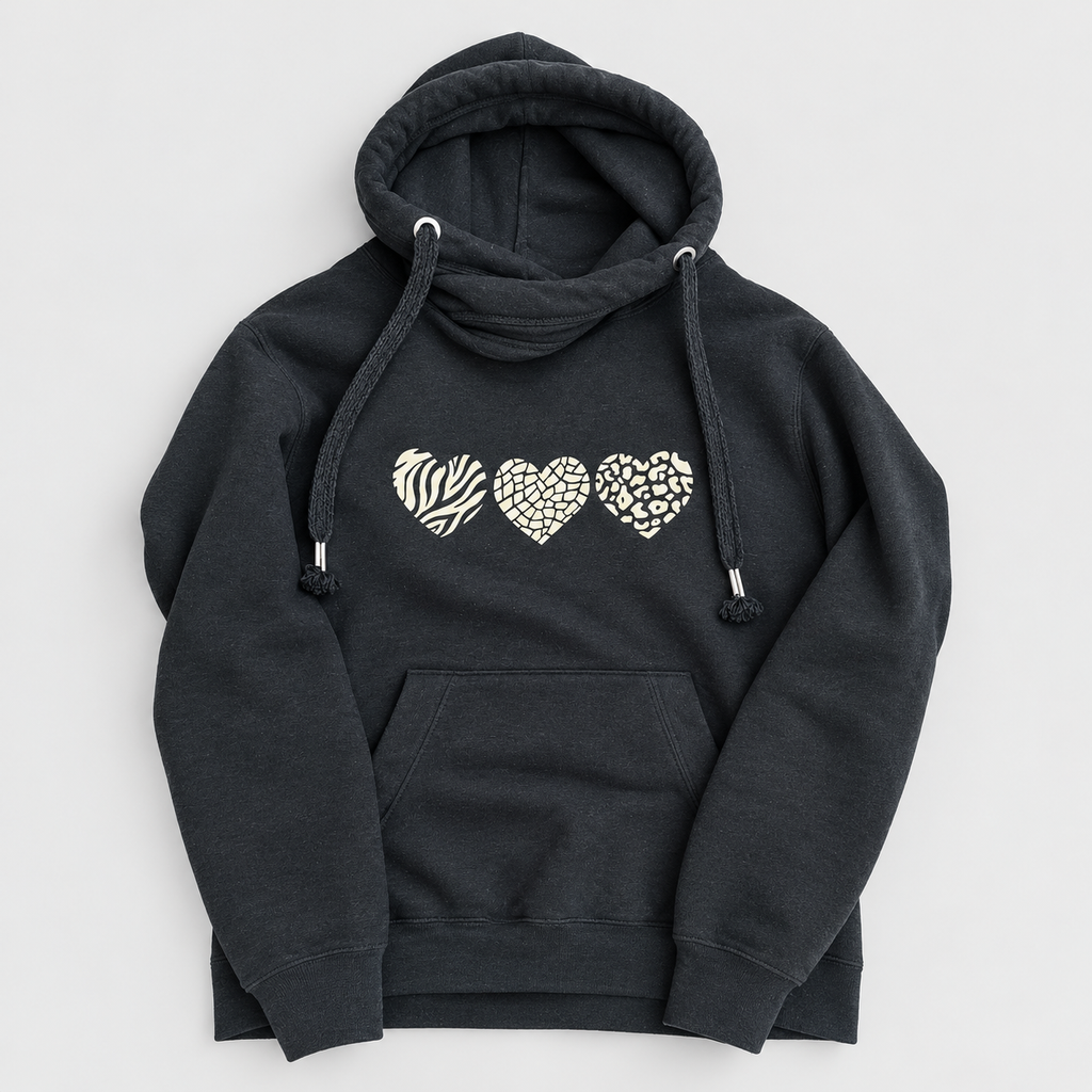 Animal Print Hearts Cowl Neck Hoodie – Charcoal