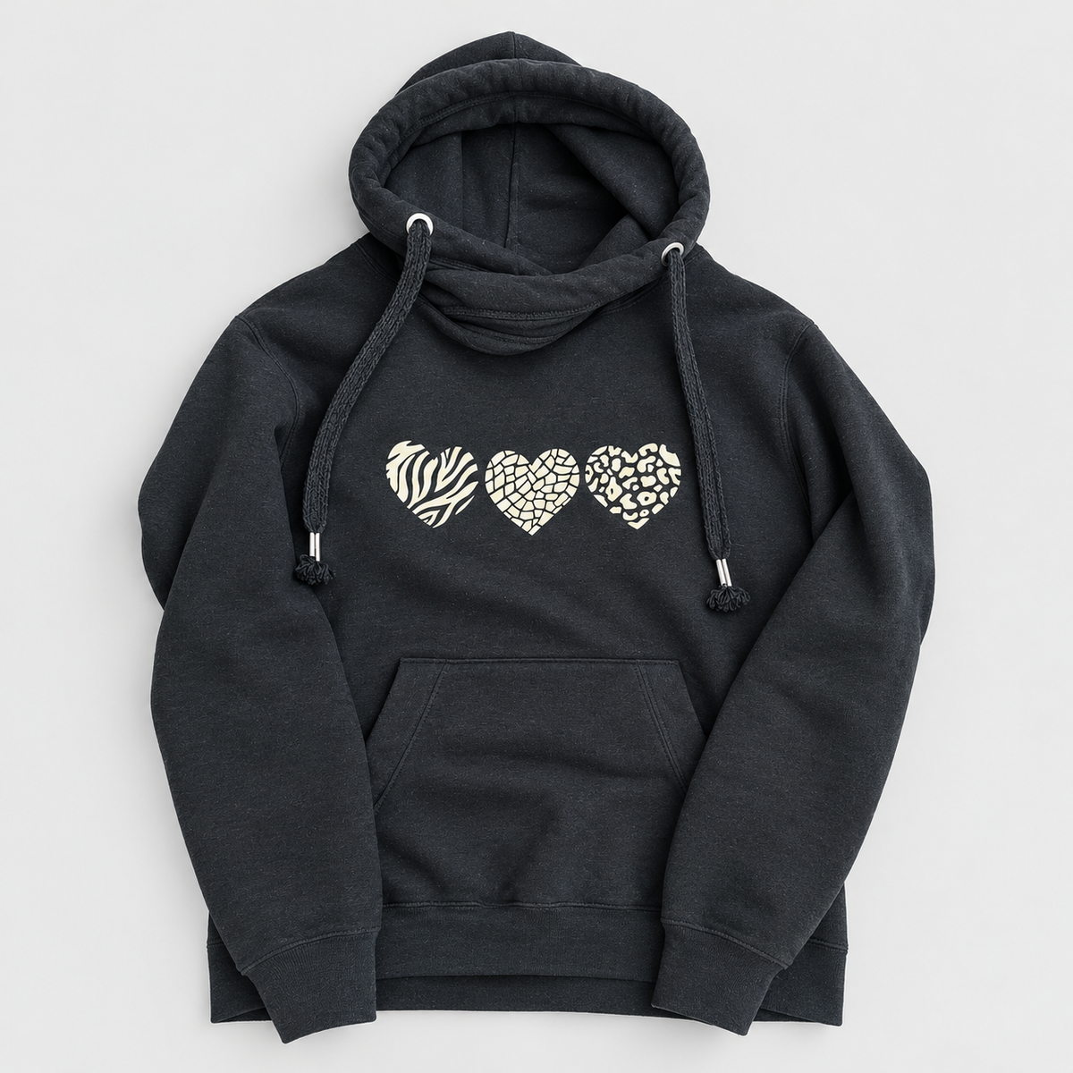 Animal Print Hearts Cowl Neck Hoodie – Charcoal