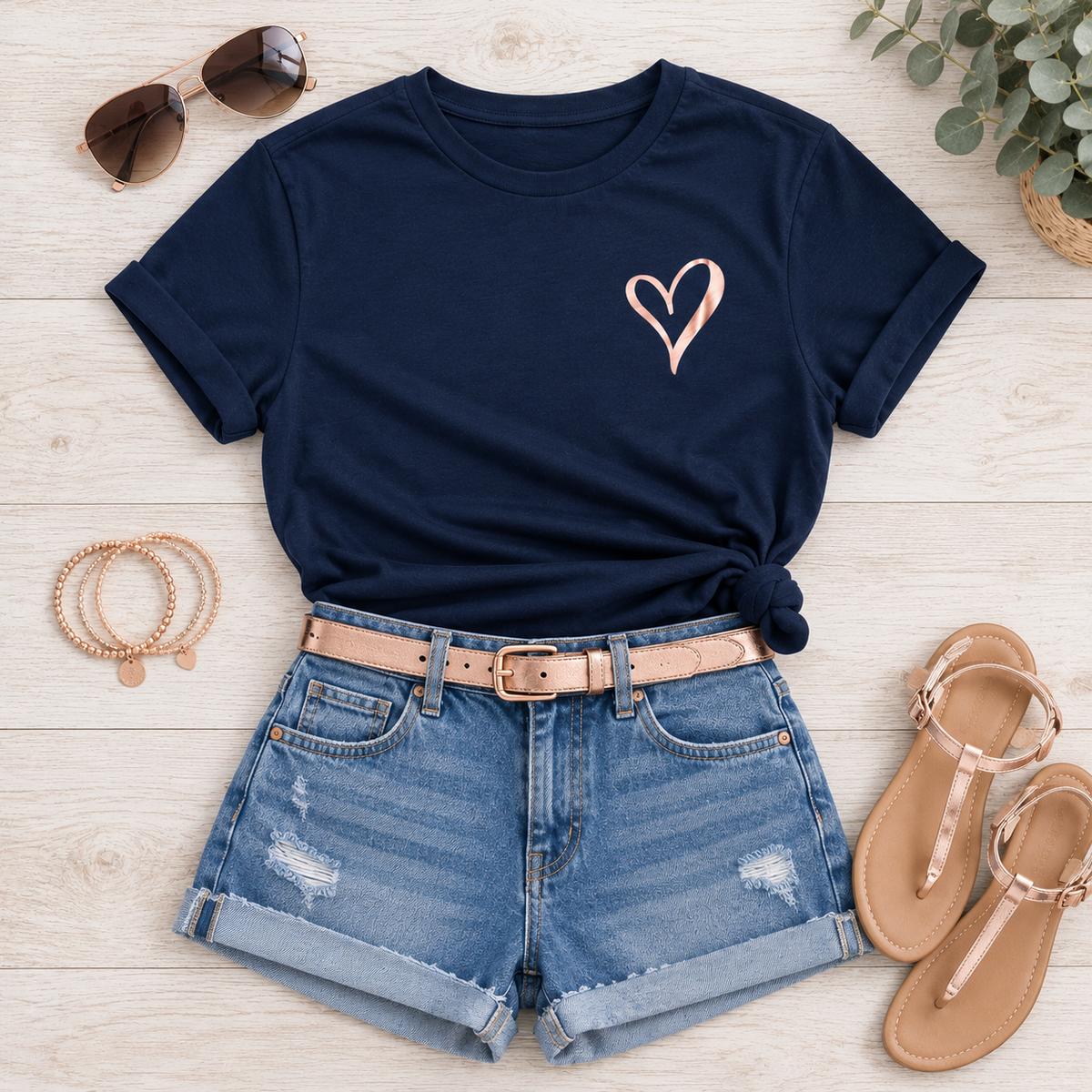 Navy with Rose Gold Heart T-Shirt