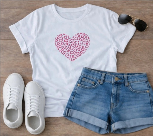 White tee with Pink heart print