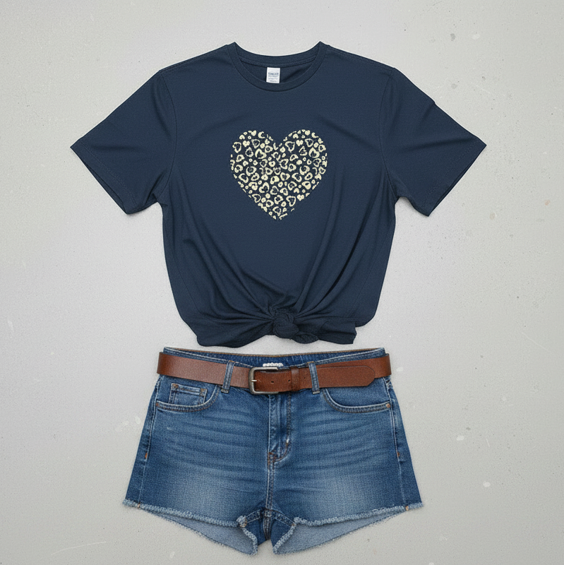 Navy Gold Leopard Heart T-Shirt