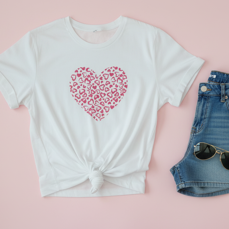 White tee with Pink heart print